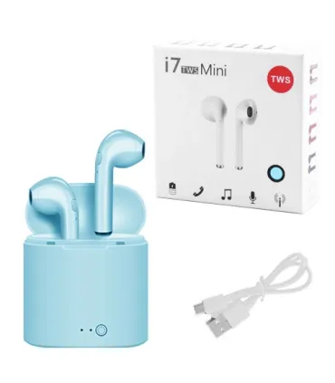 Голубые Bluetooth беспроводные наушники i7 TWS mini с кейсом оптом, Cope , 3,50 $