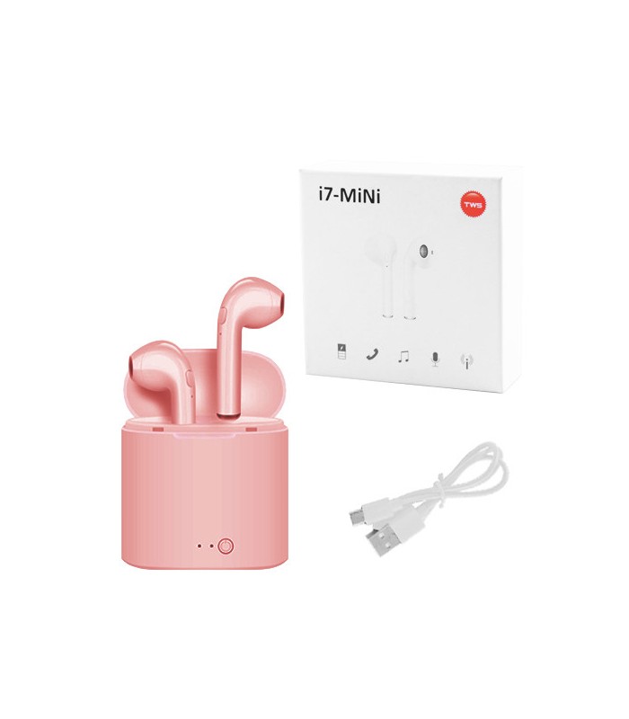 Рожеві бездротові Bluetooth навушники i7 TWS mini з кейсом