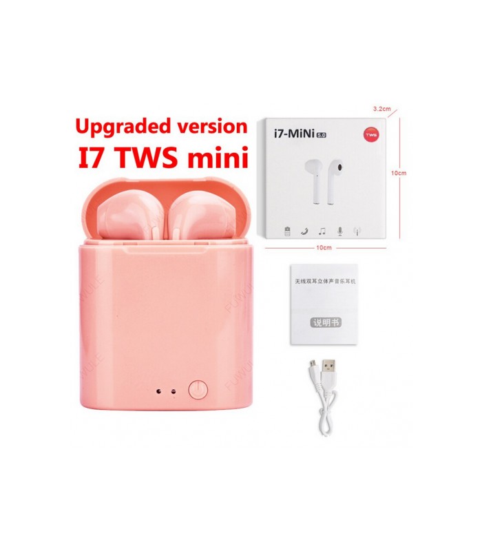 Розовые Bluetooth беспроводные наушники i7 TWS mini с кейсом