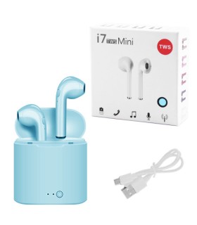 Блакитні бездротові Bluetooth навушники i7 TWS mini з кейсом
