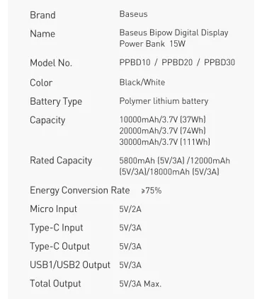 Power bank с быстрой зарядкой 15W 10000 mAh Baseus Bipow PPBD10 оптом, Baseus , 16,50 $